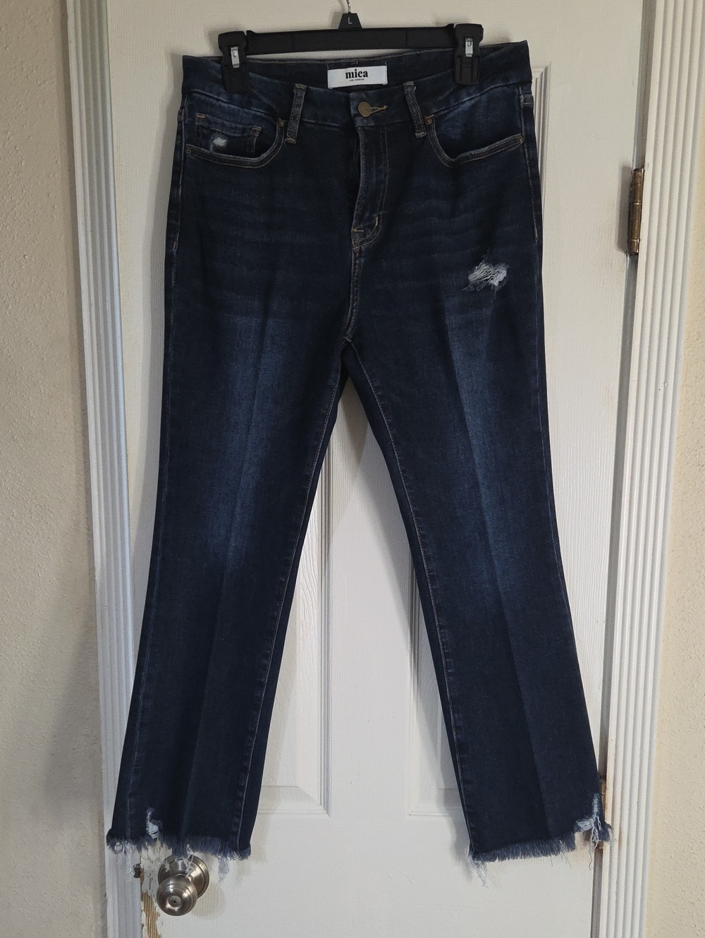 Mica Dark Blue Flare Jeans with Distressed Hem
